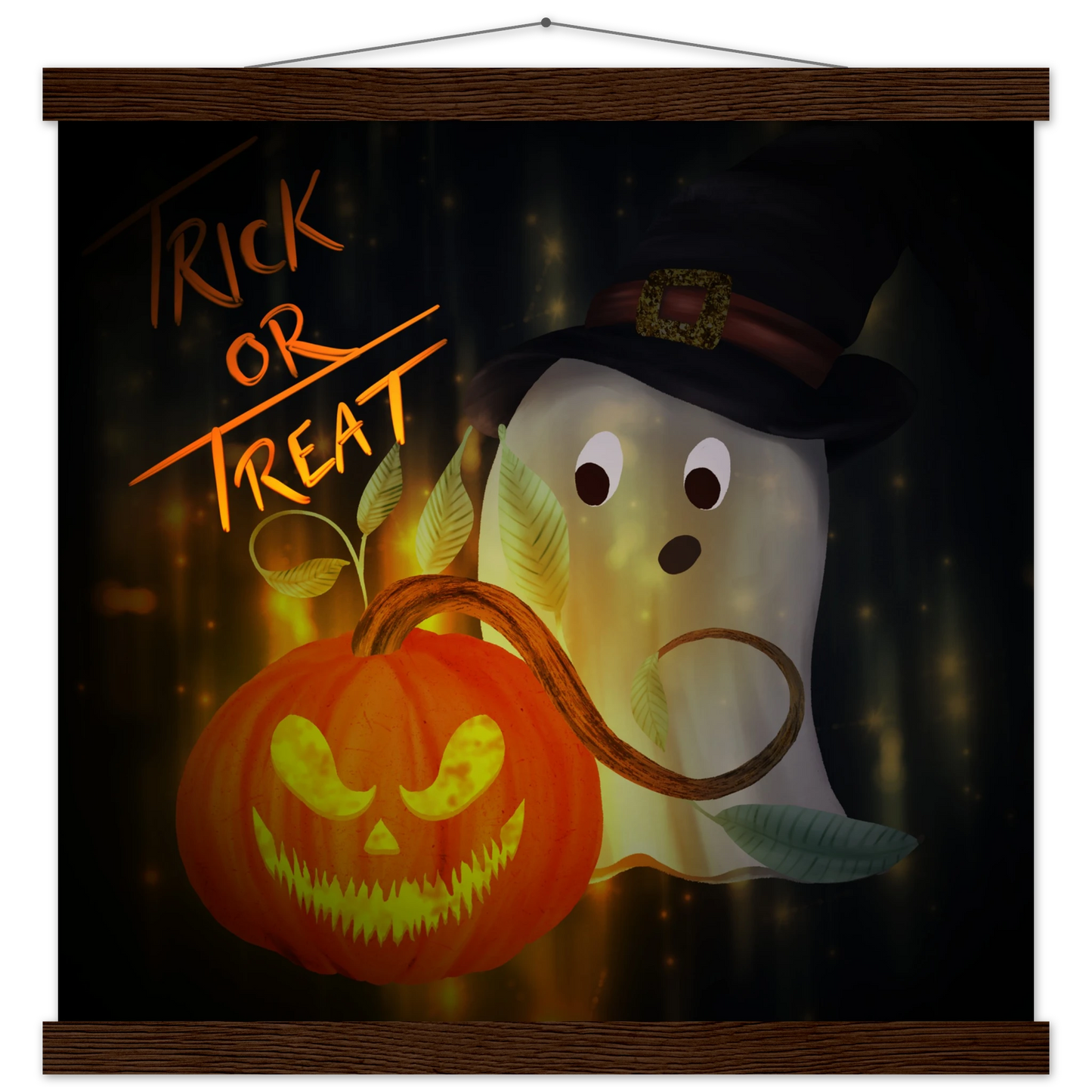 Illustration of a surprised ghost in a witch hat beside a glowing jack-o’-lantern with a mischievous grin. The background glows with golden light and sparkles, and “Trick or Treat” is written in glowing orange text. The artwork is framed with a wooden magnetic hanger.