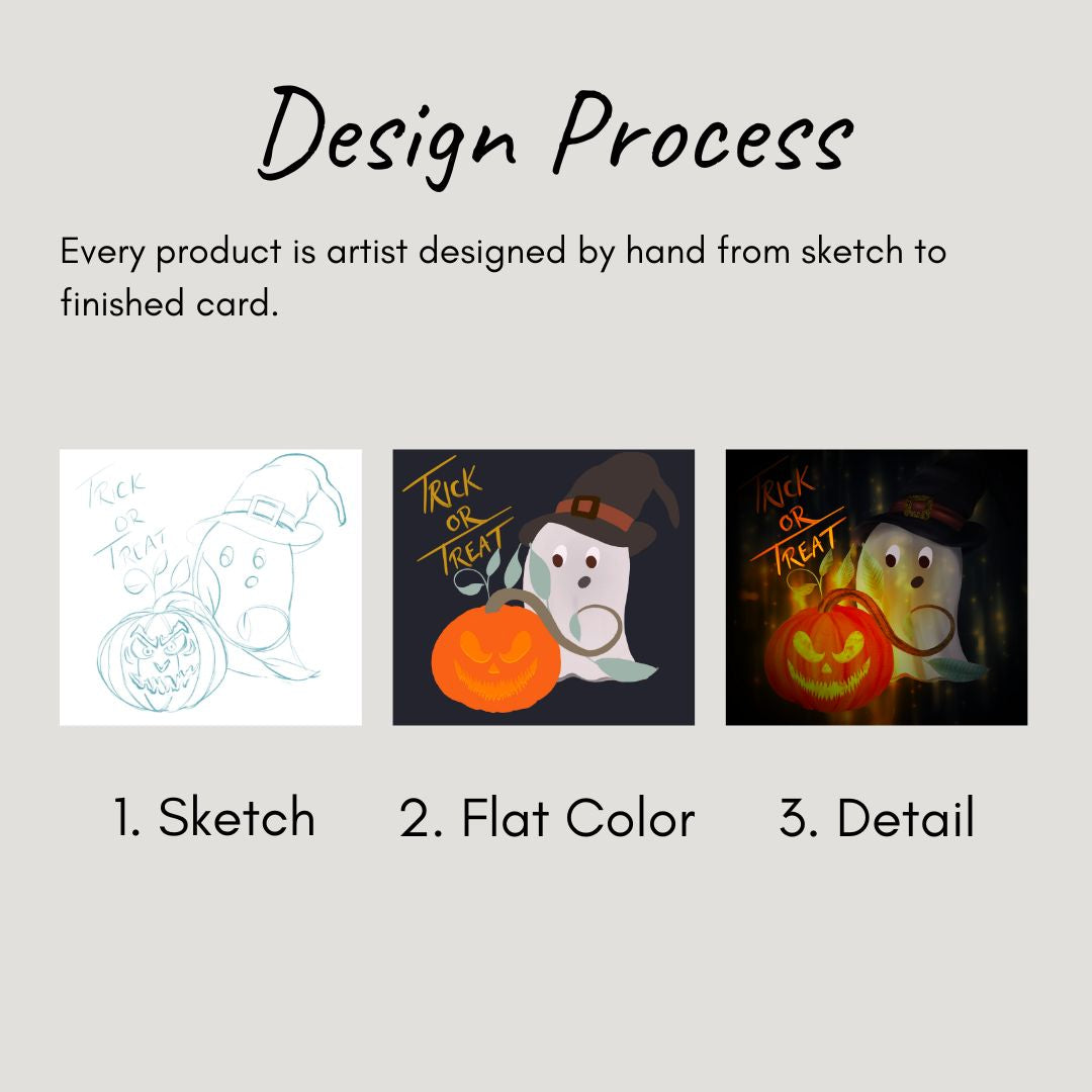 Three-panel image showing the design process of a Halloween ghost artwork—from hand-drawn sketch to flat colors to detailed final illustration. Features a ghost in a witch hat surprised by a glowing jack-o’-lantern with “Trick or Treat” text.