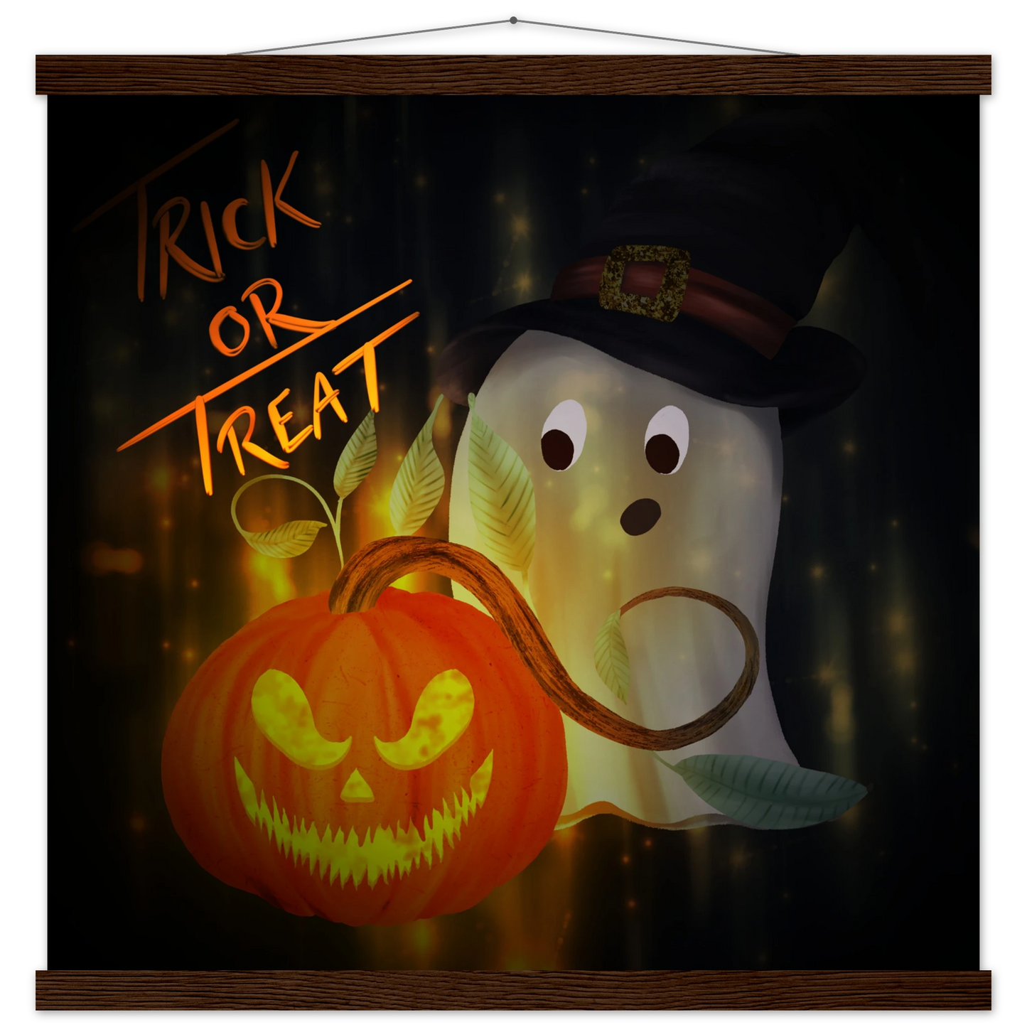 Illustration of a surprised ghost in a witch hat beside a glowing jack-o’-lantern with a mischievous grin. The background glows with golden light and sparkles, and “Trick or Treat” is written in glowing orange text. The artwork is framed with a wooden magnetic hanger.