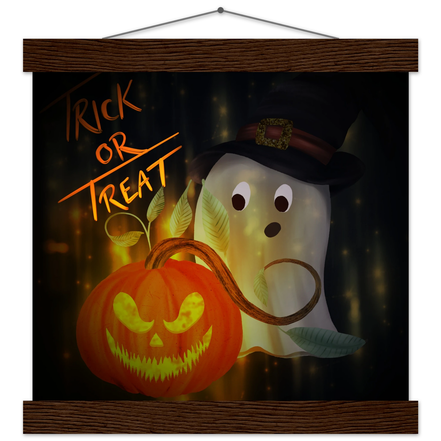 Illustration of a surprised ghost in a witch hat beside a glowing jack-o’-lantern with a mischievous grin. The background glows with golden light and sparkles, and “Trick or Treat” is written in glowing orange text. The artwork is framed with a wooden magnetic hanger.