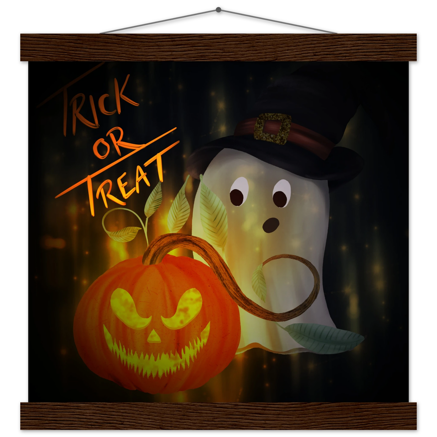Illustration of a surprised ghost in a witch hat beside a glowing jack-o’-lantern with a mischievous grin. The background glows with golden light and sparkles, and “Trick or Treat” is written in glowing orange text. The artwork is framed with a wooden magnetic hanger.