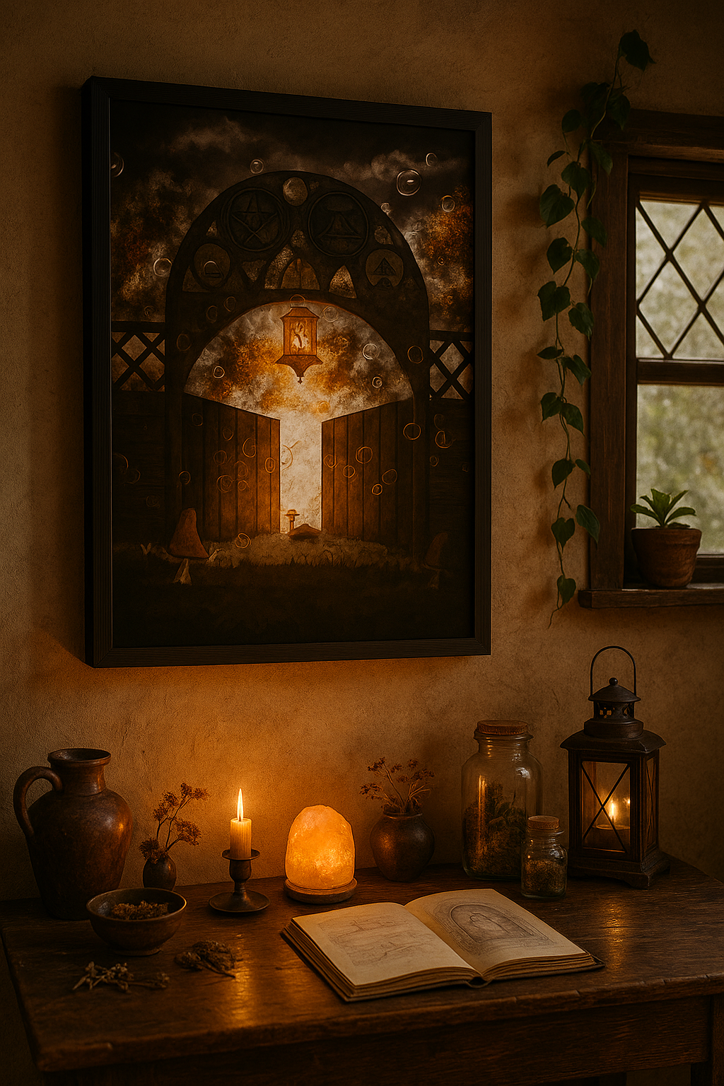 Framed “Light Beyond the Gate” art print by MandoMc Designs displayed in a rustic cottage setting with candlelight, a glowing salt lamp, dried herbs, and a journal sketch. The room features warm tones, vintage vessels, and a lantern near a wood-framed window, creating a cozy, magical atmosphere evoking quiet enchantment and reflection.