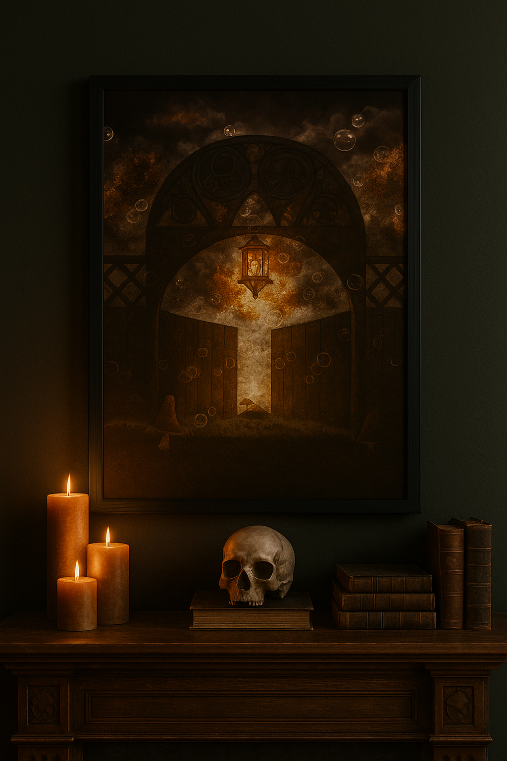 Framed “Light Beyond the Gate” art print by MandoMc Designs displayed on a deep green wall above a dark wood mantel, surrounded by glowing pillar candles, a skull, and stacked antique books. The glowing lantern within the artwork casts a warm, mysterious light, evoking a moody, gothic atmosphere.