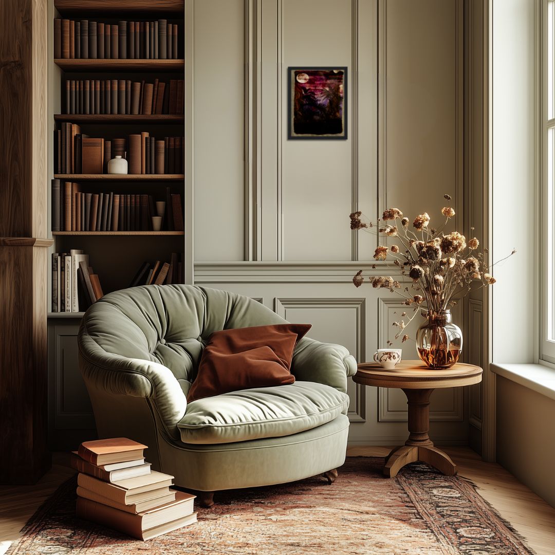 Framed mystical moon art print in traditional home library, sage green tufted armchair, built-in bookshelf, wainscoting, cozy reading nook decor