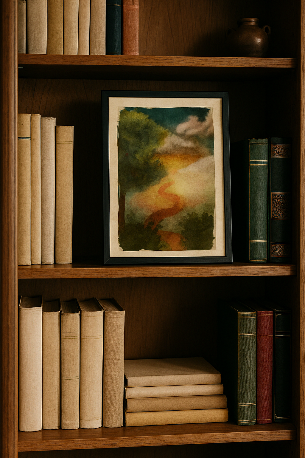Framed watercolor print of a glowing twilight path nestled on a wooden bookshelf among vintage books and a clay pot—styled for cozy studies, introspective creators, and fantasy lovers.
