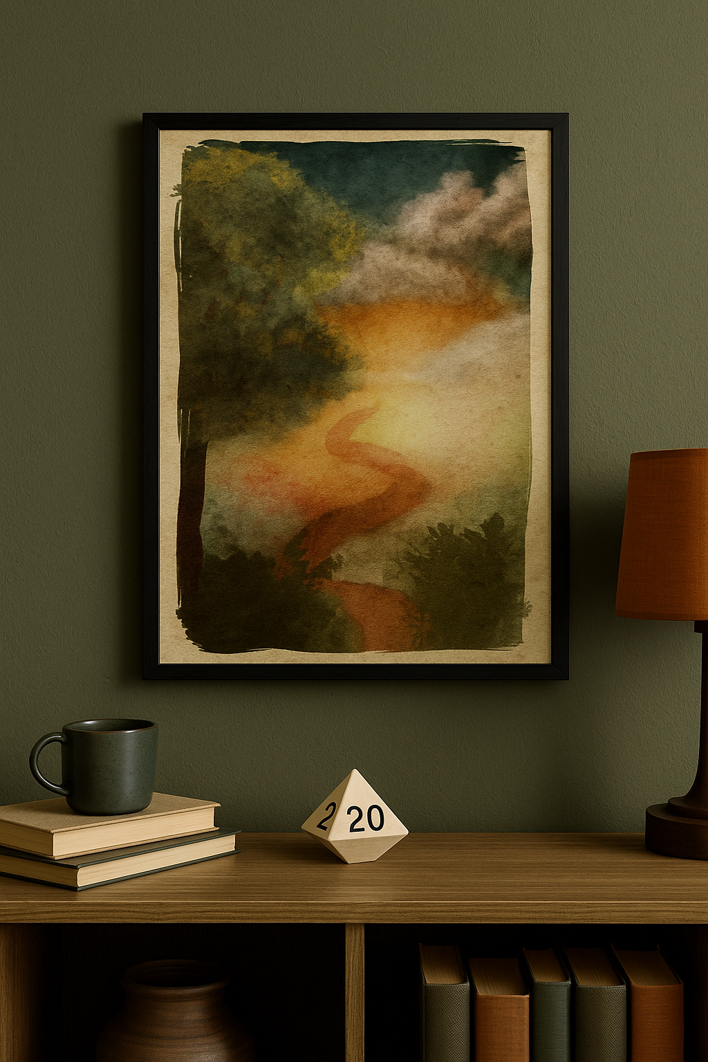 Fantasy watercolor of a glowing path at twilight framed on a green wall, styled with books, a ceramic mug, a wooden D20 die, and warm-toned lighting—perfect for creative game rooms and introspective storytellers.