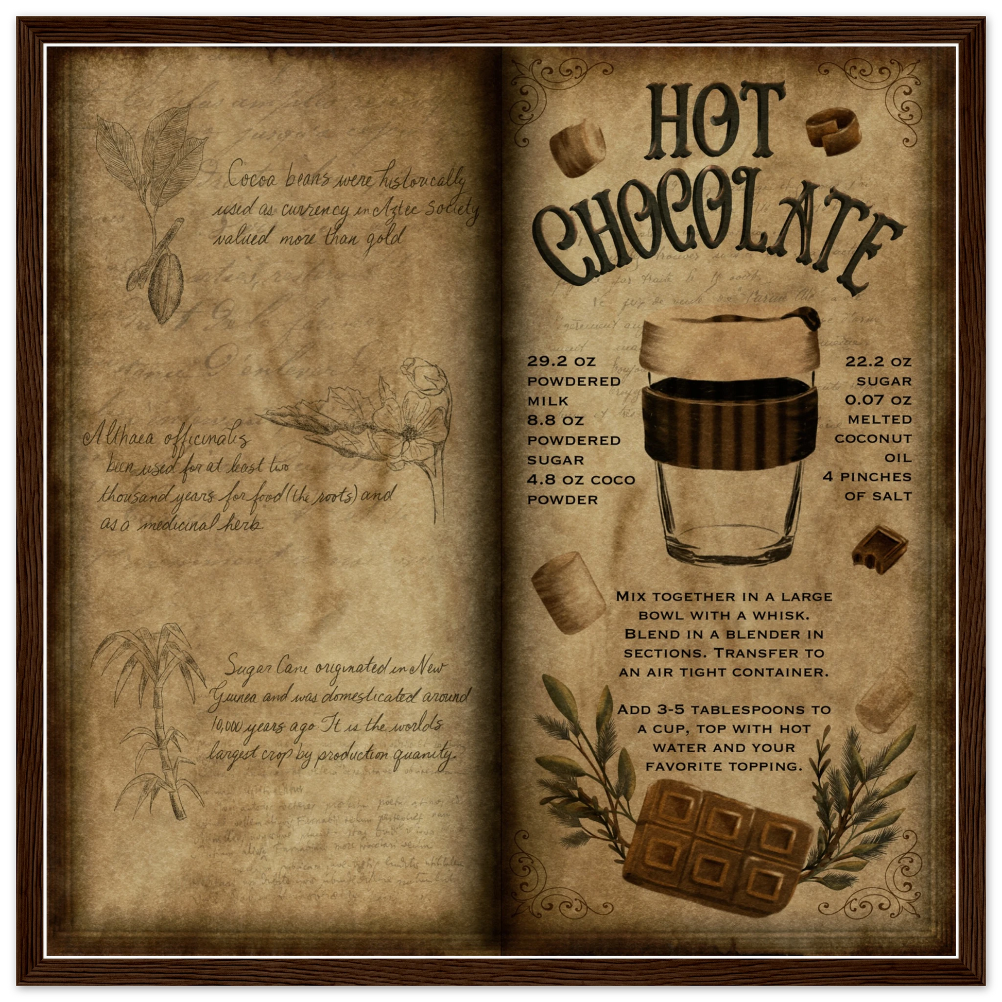 Framed art print styled like a vintage grimoire page, featuring a hot chocolate recipe, botanical sketches, and parchment tones. Titled “The Winter Witch’s Brew,” this artwork blends cozy kitchen witch energy with seasonal charm.