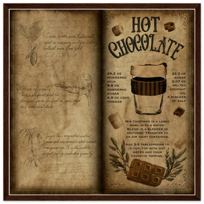 Framed art print styled like a vintage grimoire page, featuring a hot chocolate recipe, botanical sketches, and parchment tones. Titled “The Winter Witch’s Brew,” this artwork blends cozy kitchen witch energy with seasonal charm.