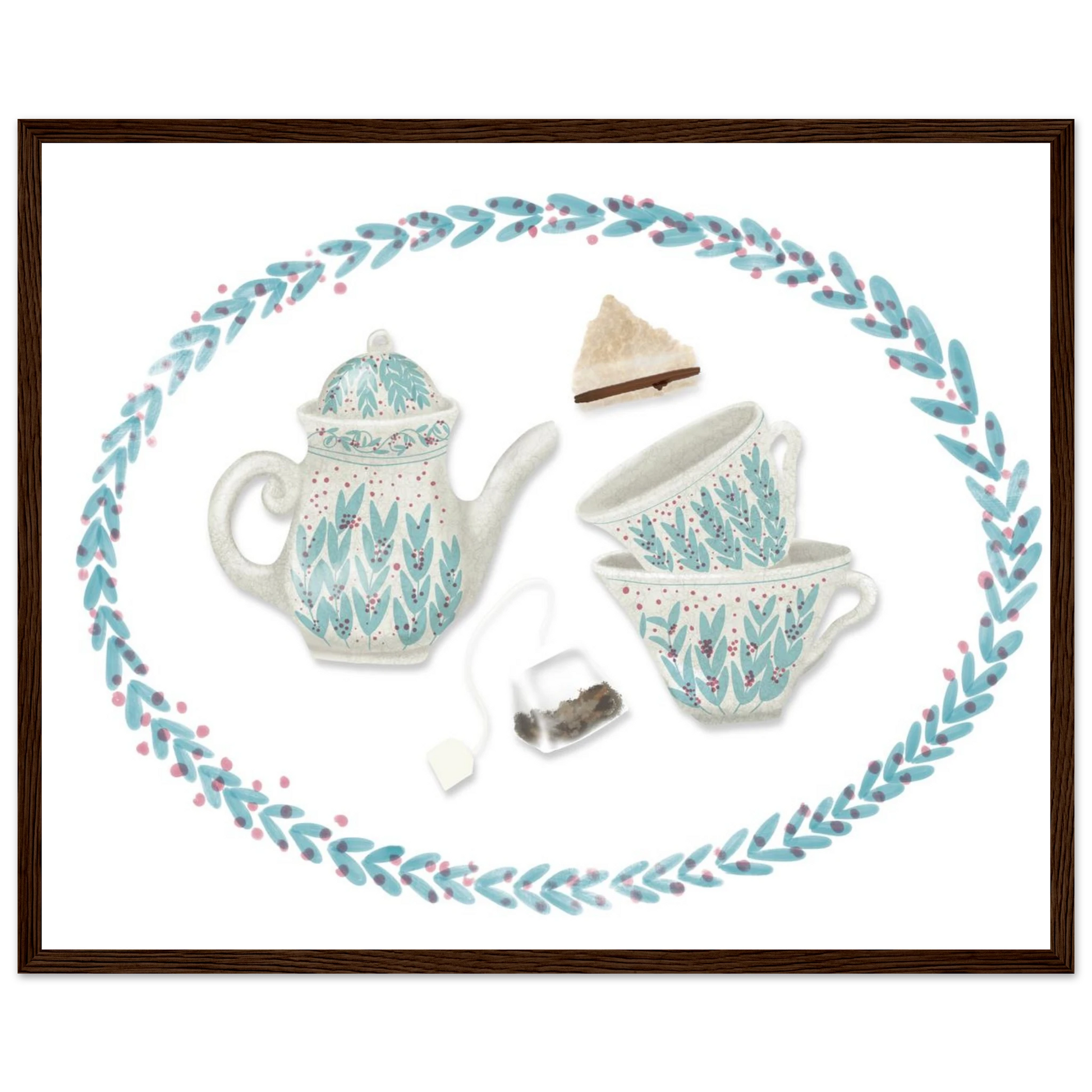 Illustrated framed art print featuring a delicate teapot and teacups arranged in a wreath of laurel leaves. Inspired by a mother’s treasured tea set, the piece evokes nostalgia, warmth, and the quiet ritual of tea. Soft watercolor tones create a gentle, cottagecore aesthetic perfect for kitchen or cozy corner decor.