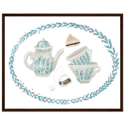 Illustrated framed art print featuring a delicate teapot and teacups arranged in a wreath of laurel leaves. Inspired by a mother’s treasured tea set, the piece evokes nostalgia, warmth, and the quiet ritual of tea. Soft watercolor tones create a gentle, cottagecore aesthetic perfect for kitchen or cozy corner decor.