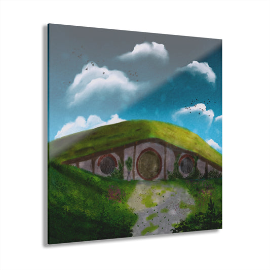 Close-up of acrylic print featuring whimsical hobbit home illustration