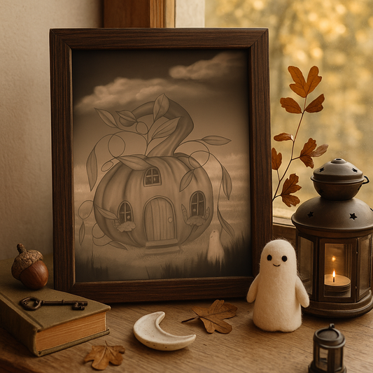 Pumpkin house art print in wooden frame on whimsical autumn windowsill, surrounded by vintage lantern, smiling felt ghost, acorn, old book, antique key, ceramic moon, and fall leaves. Cozy Halloween decor for fantasy lovers, magical fall home styling, and cottagecore inspiration.