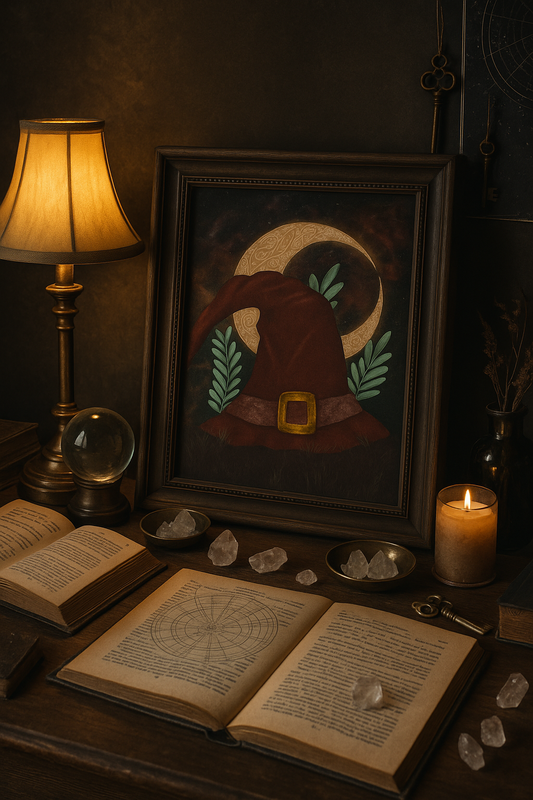 Framed red witch hat art print with moon, styled on a vintage desk with spellbooks, quartz crystals, brass trinket dishes, crystal ball, antique lamp, and candle. Mystical witchcore decor for Halloween, magical study spaces, and celestial home styling