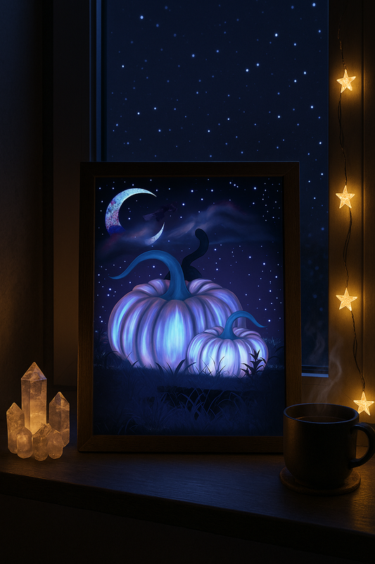 Glowing pumpkin art print on nighttime windowsill with crystal clusters, steaming mug, and star fairy lights. Magical celestial Halloween decor, fantasy art for cozy autumn homes.
