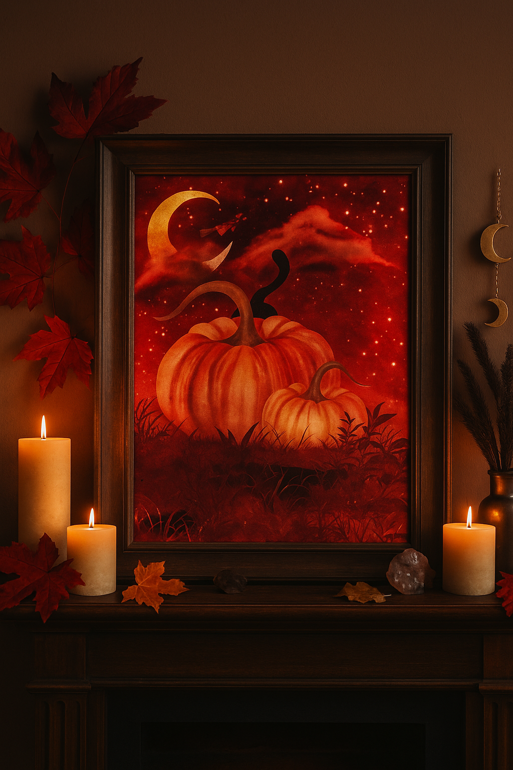 Blood moon pumpkin art print on mantel with pillar candles, red and gold leaves, smoky quartz, and brass moon charms. Mystical autumn decor for Halloween and Samhain.