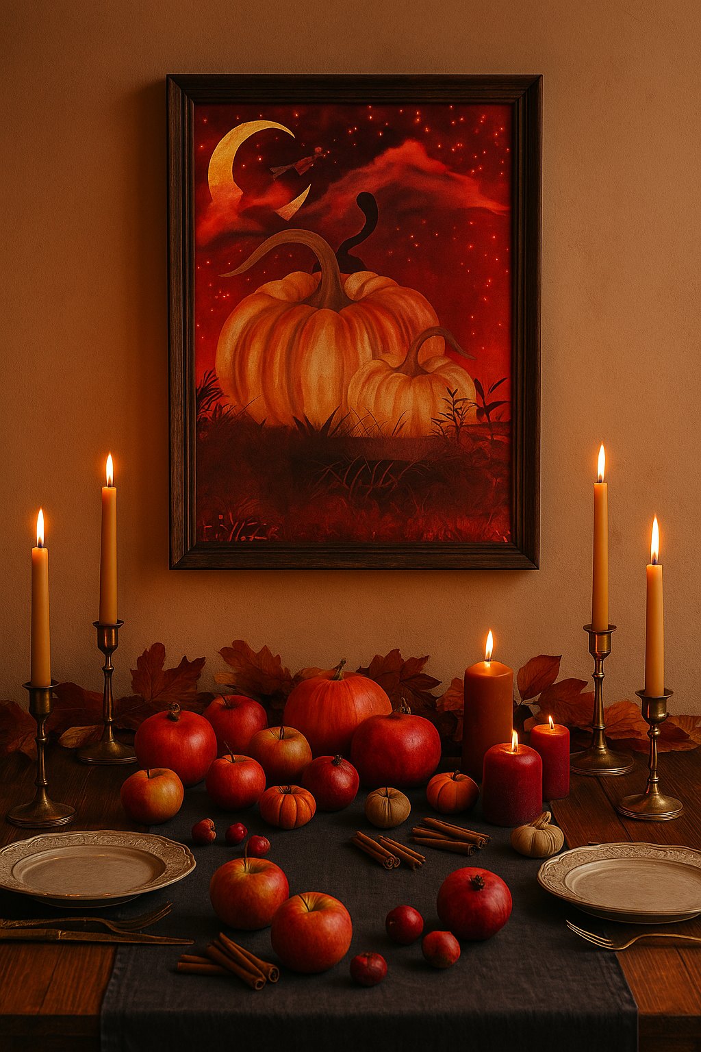 Harvest pumpkin art print above rustic autumn feast table with apples, pomegranates, mini pumpkins, dark linen, tall candles, and vintage dishes. Halloween and harvest festival decor.
