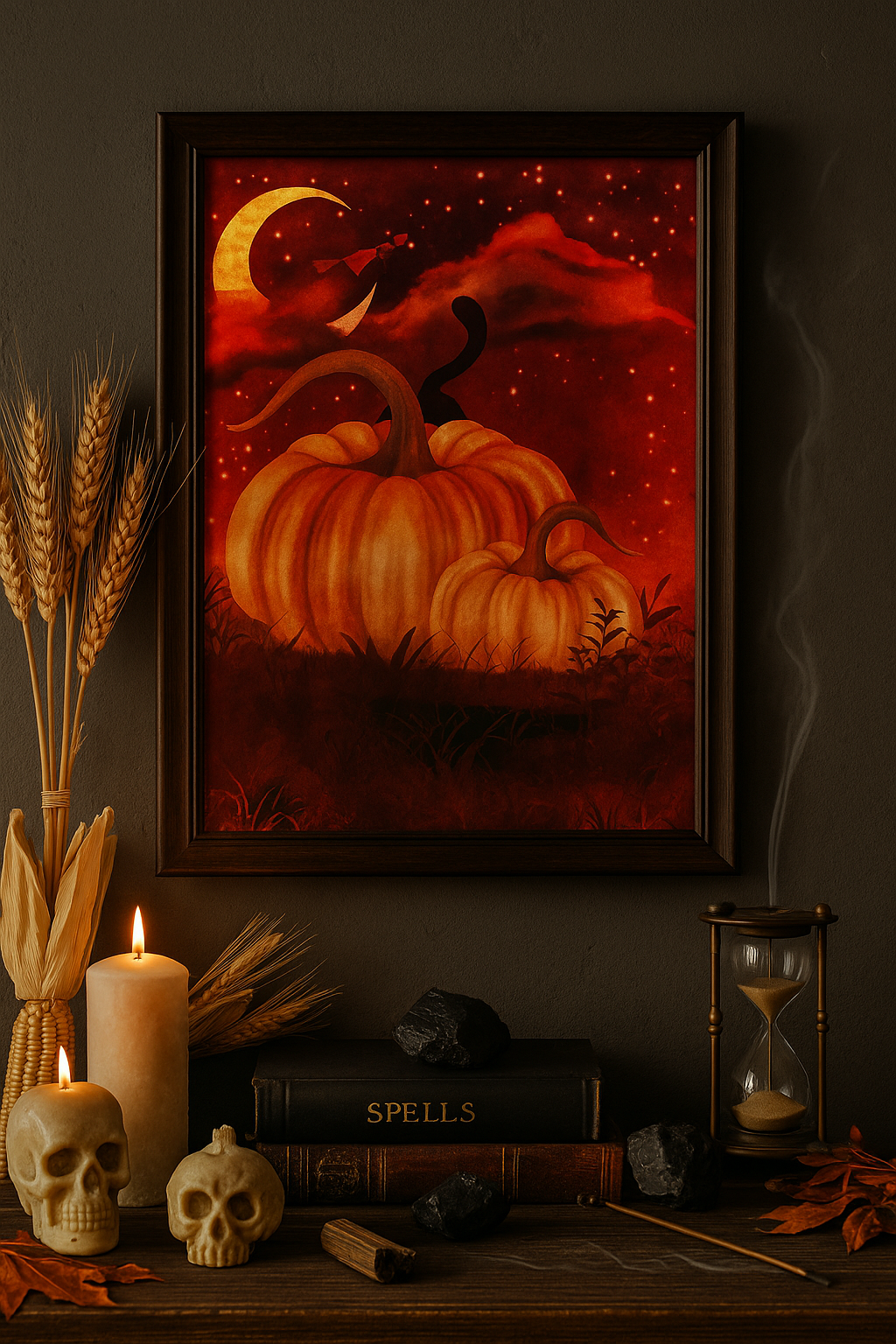 Blood moon pumpkin art print on Samhain altar with wheat stalks, corn, skull candles, black tourmaline, grimoire, hourglass, and incense. Ritual Halloween and autumn decor.