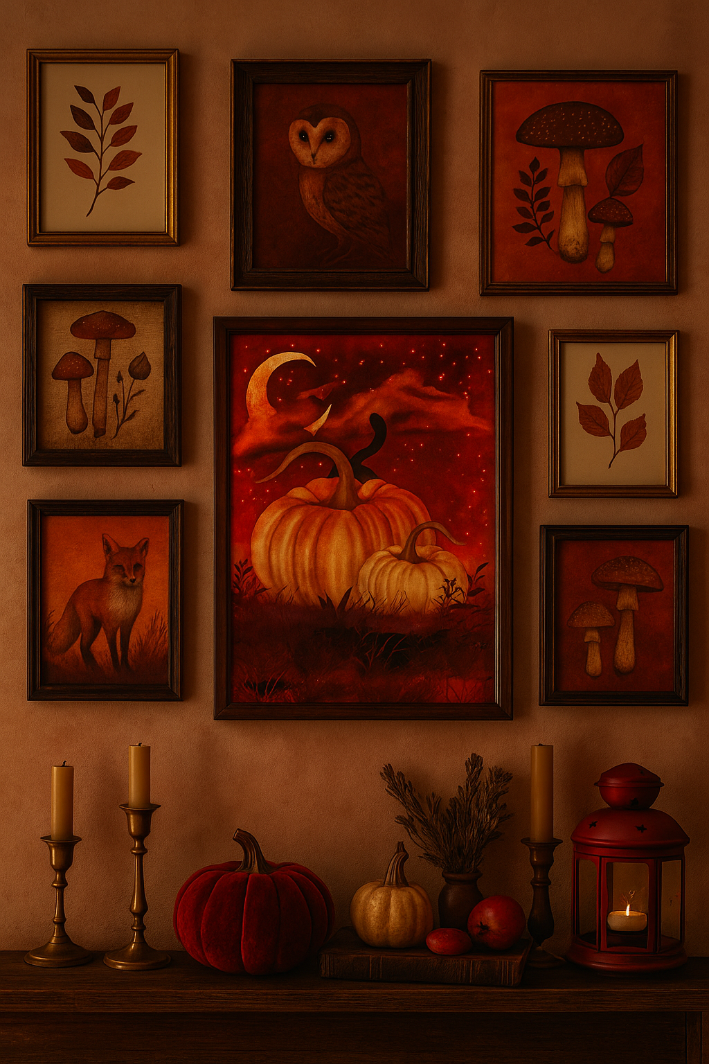 Blood moon pumpkin art print on gallery wall with red-toned autumn art, mushrooms, foxes, pressed leaves, velvet pumpkin, brass candlesticks, and red lantern. Enchanted Halloween and harvest decor.