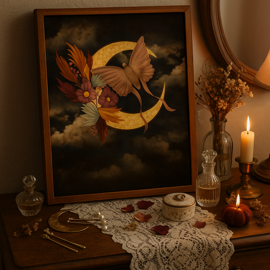 Luna moth and golden crescent moon art print on vintage vanity table with pearl hairpins, dried flowers, moon comb, candle, and perfume bottle. Ethereal celestial bedroom or ritual decor.