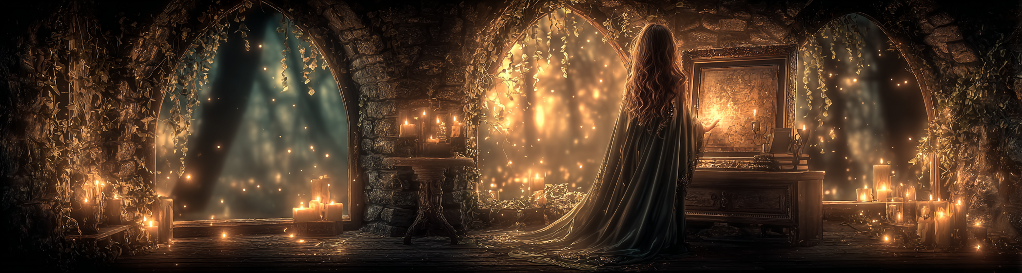 A woman in a flowing cloak unveils a glowing framed art print in a candlelit, vine-covered stone gallery, surrounded by books, candles, and golden fireflies—evoking a magical fine art reveal.