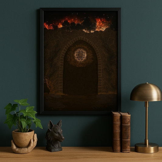 Framed fantasy artwork of a glowing star-shaped portal in a mossy stone archway, styled with a hand-shaped planter, wolf statue, vintage books, and a brass lamp on a wooden console against a dark teal wall.
