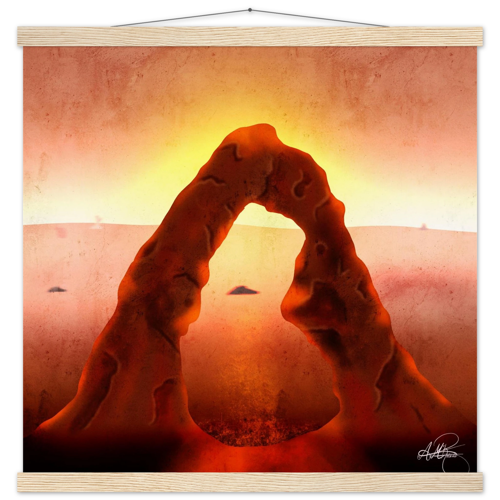 Fine art print titled The Ember Gate, displayed with magnetic wooden hangers. The artwork features a glowing red sandstone arch at sunset, symbolizing thresholds, change, and quiet power. Earthy desert tones and soft golden light evoke a sense of sacred transition. A story-rich piece for warm, introspective spaces.