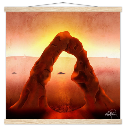 Fine art print titled The Ember Gate, displayed with magnetic wooden hangers. The artwork features a glowing red sandstone arch at sunset, symbolizing thresholds, change, and quiet power. Earthy desert tones and soft golden light evoke a sense of sacred transition. A story-rich piece for warm, introspective spaces.