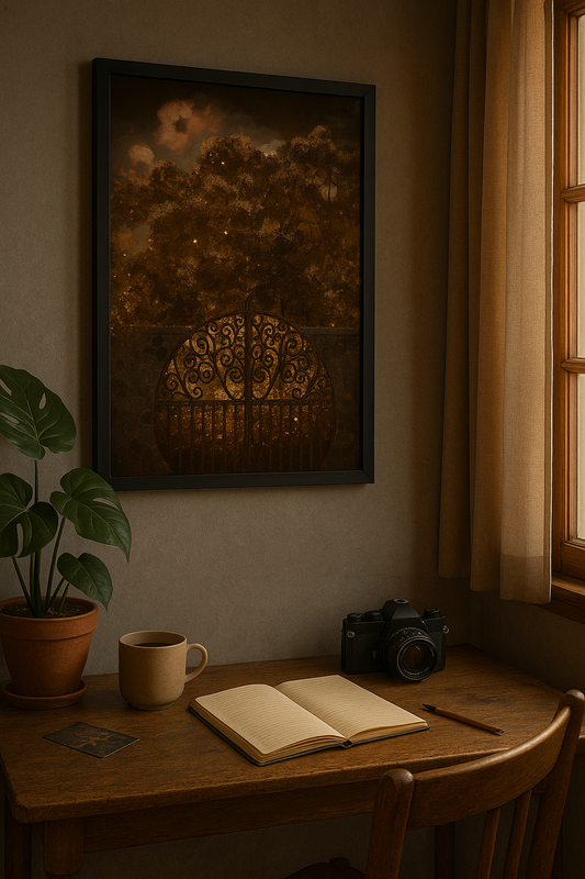 Framed “Gate of the Quiet Dead” art print by MandoMc Designs hanging above a wooden writing desk in a softly lit window nook. The scene includes an open notebook, a ceramic mug, a vintage camera, and a potted plant, all bathed in warm afternoon light, evoking a calm, introspective atmosphere perfect for creative reflection.