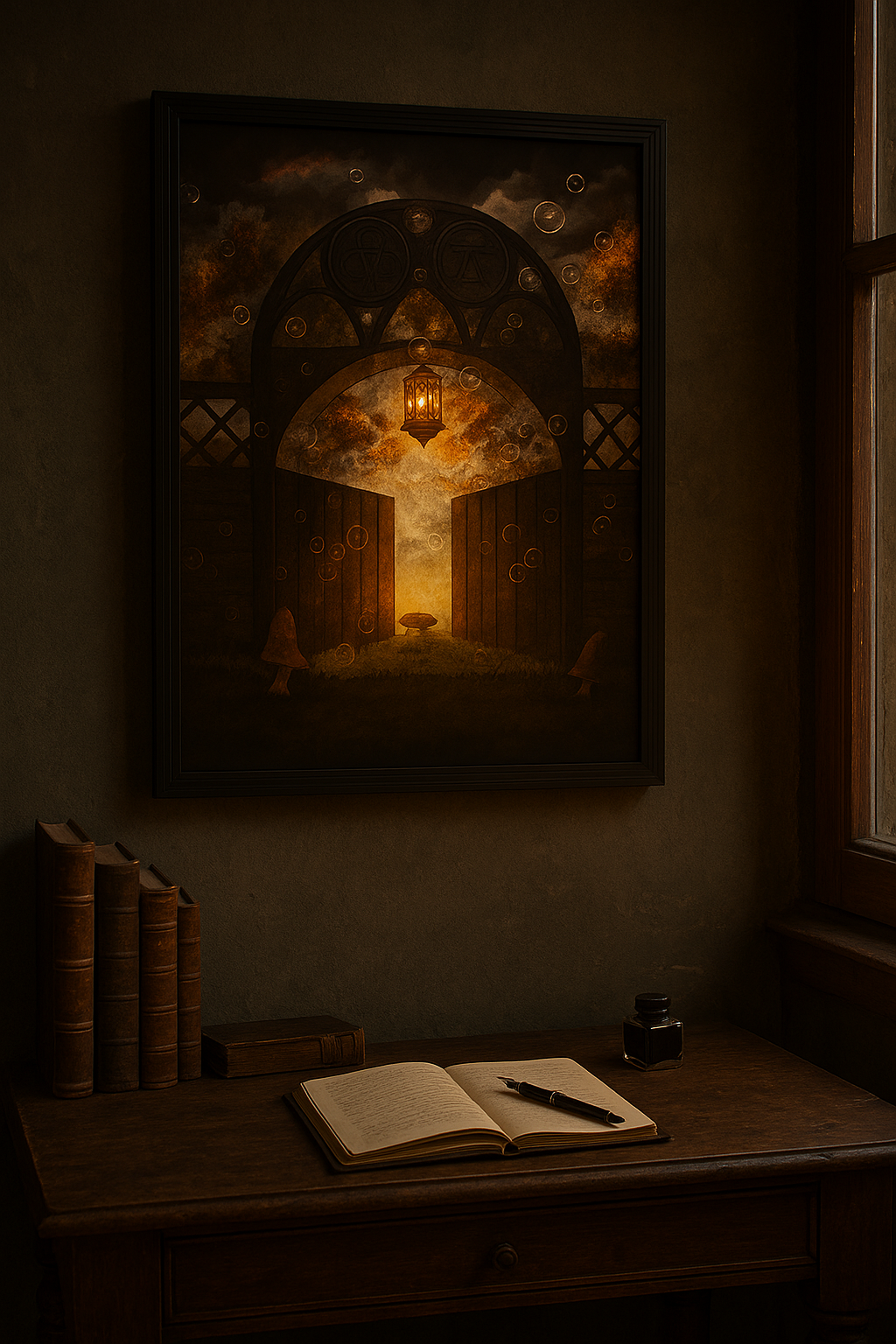 Framed “Light Beyond the Gate” art print by MandoMc Designs displayed on a textured wall above an antique wooden writing desk. The scene features dusk lighting, stacked vintage books, an open journal, a fountain pen, and an ink bottle, evoking a warm, contemplative atmosphere perfect for quiet reflection.
