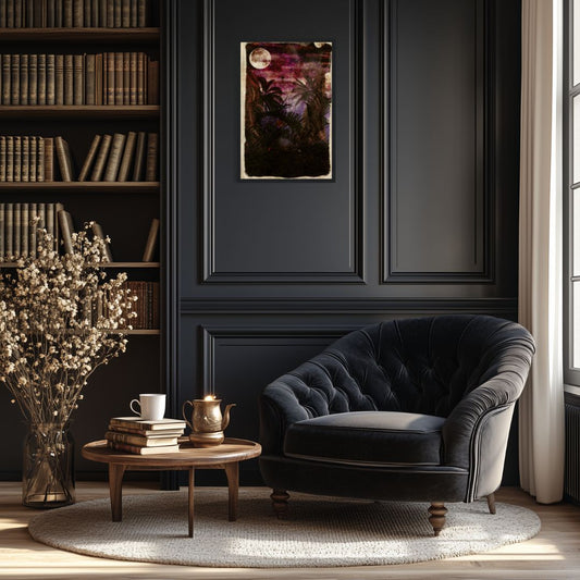 Framed mystical moon art print in elegant home library, dark tufted armchair, built-in bookshelf, round coffee table, traditional study room decor