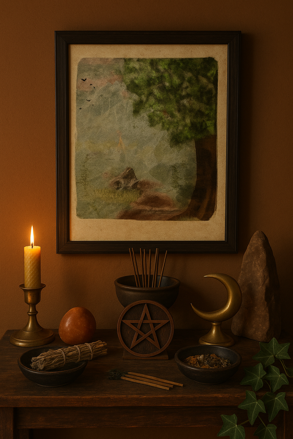 Fantasy forest print framed above a pagan altar featuring a pentacle, incense, beeswax candle, crescent moon, and herbs—styled for Wiccan and nature-based spiritual spaces.