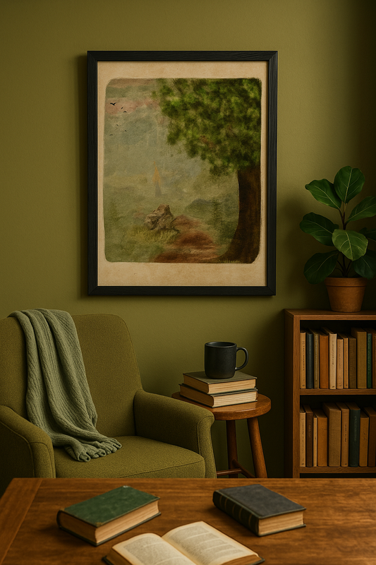Framed watercolor landscape artwork hanging above a cozy olive chair with books, a coffee mug, and bookshelf—perfect for creative dreamers and neurodivergent storytellers.