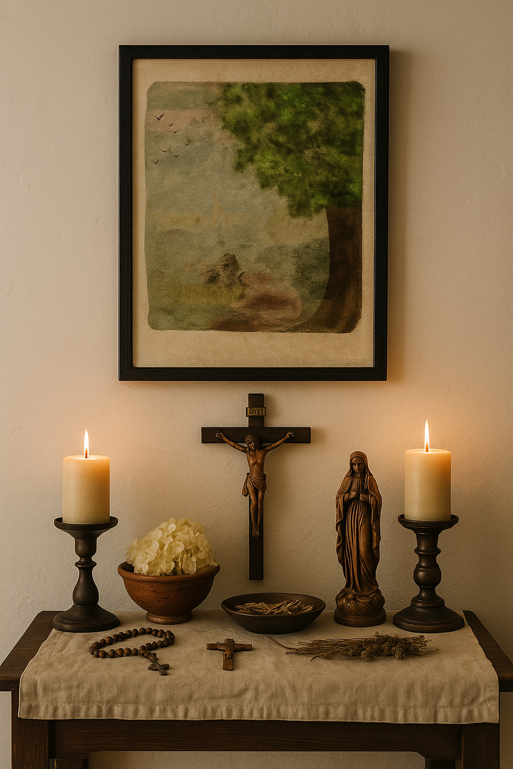 Watercolor forest print framed above a candle-lit Christian altar with a crucifix, rosary, and Virgin Mary statue—inviting spiritual contemplation and reverence.