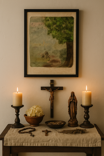 Watercolor forest print framed above a candle-lit Christian altar with a crucifix, rosary, and Virgin Mary statue—inviting spiritual contemplation and reverence.