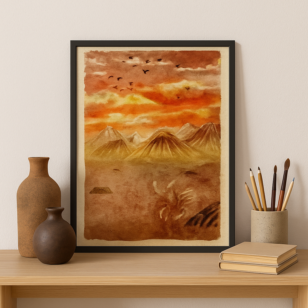 Framed fantasy sunset mountain print styled on a minimalist wooden studio shelf with art supplies, sketchbooks, and ceramic vases—ideal decor for creative workspaces and neurodivergent artists.