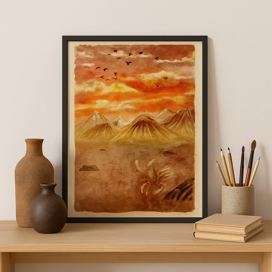 Framed fantasy sunset mountain print styled on a minimalist wooden studio shelf with art supplies, sketchbooks, and ceramic vases—ideal decor for creative workspaces and neurodivergent artists.