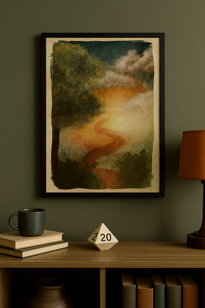 Fantasy watercolor of a glowing path at twilight framed on a green wall, styled with books, a ceramic mug, a wooden D20 die, and warm-toned lighting—perfect for creative game rooms and introspective storytellers.