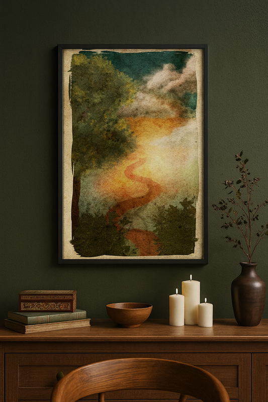 antasy watercolor print of a winding path glowing under twilight skies, framed above a wooden sideboard with books, candles, and a branch in a vase—styled for cozy sanctuaries and introspective dreamers.